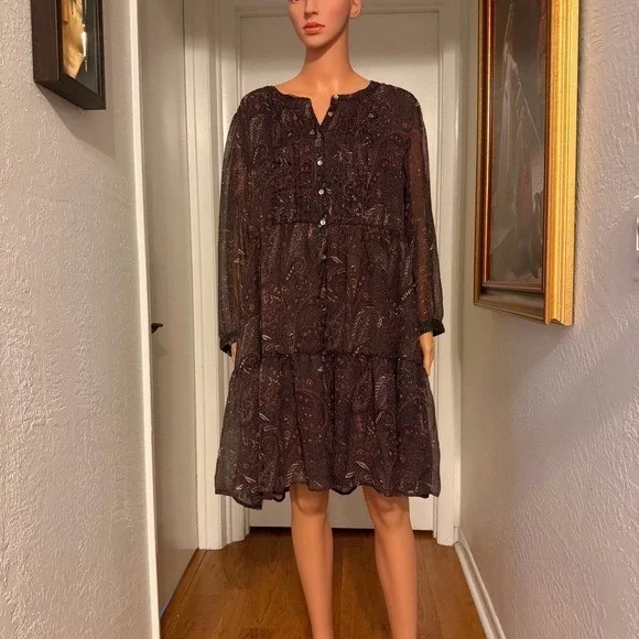 Lucky Brand Brown Paisley Babydoll Dress Boho Long Sleeve Size Large Lined Body - Picture 2 of 9